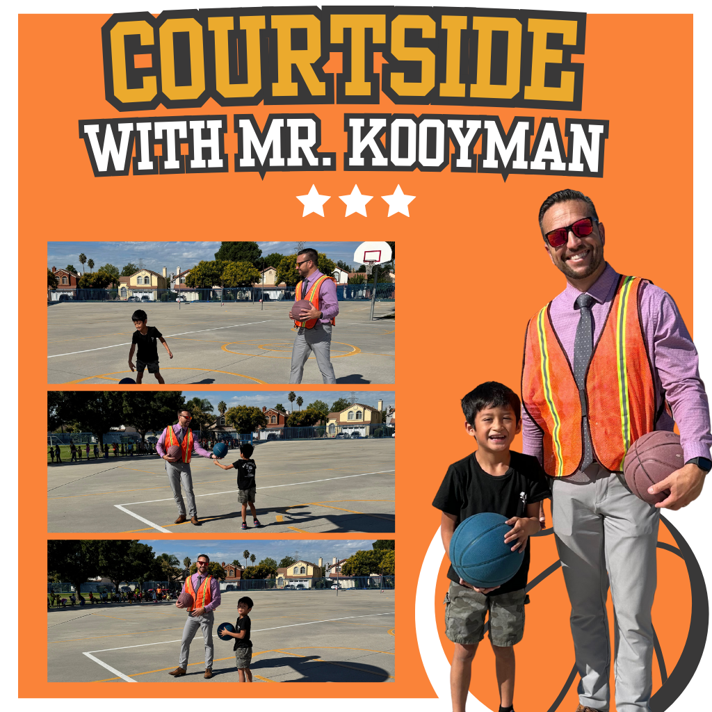 Text: Courtside with Mr. Kooyman Images: adult wearing a safety vest playing basketball with a student
