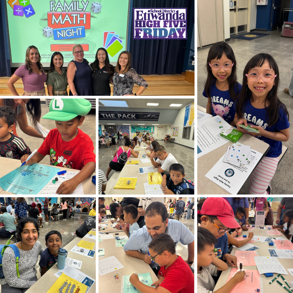 Text: High Five Friday Images: students and adults in a cafeteria working on math problems.