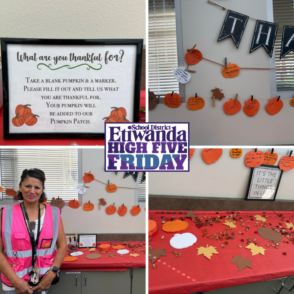 Text; high five Friday image: smiling adult, pumpkins and leaves