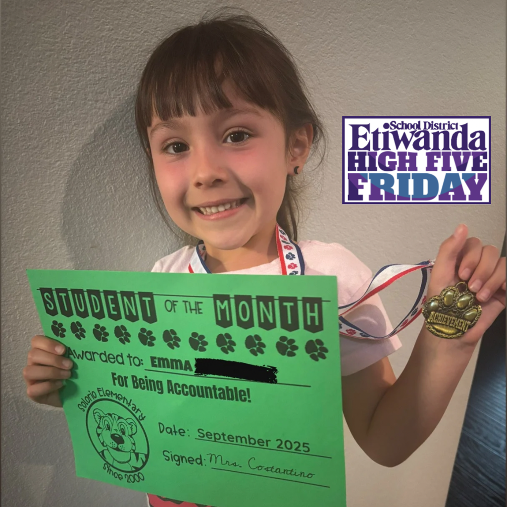 Text: high five Friday image; smiling student