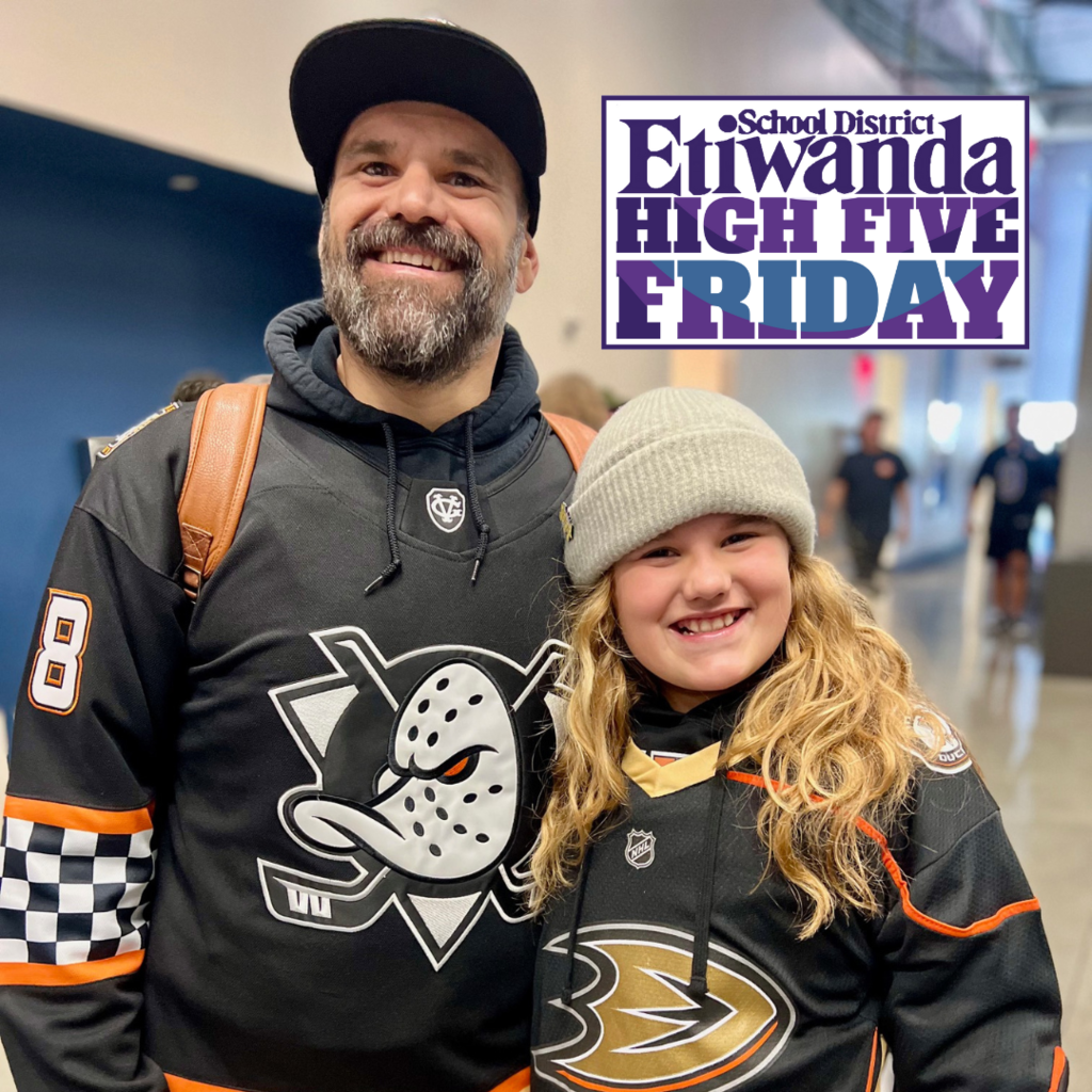 Text; high five Friday image ; smiling child and adult in hockey gear