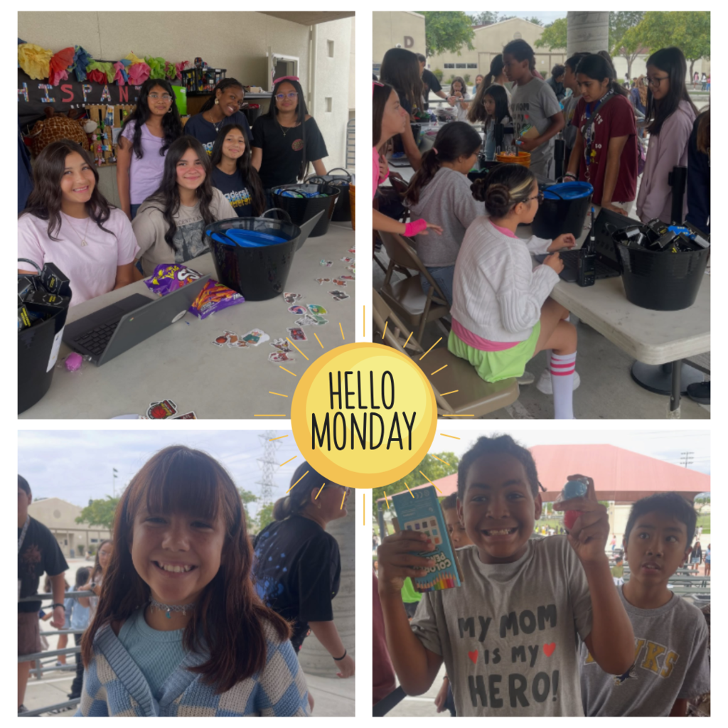 Text: Happy Monday Images: Students smiling