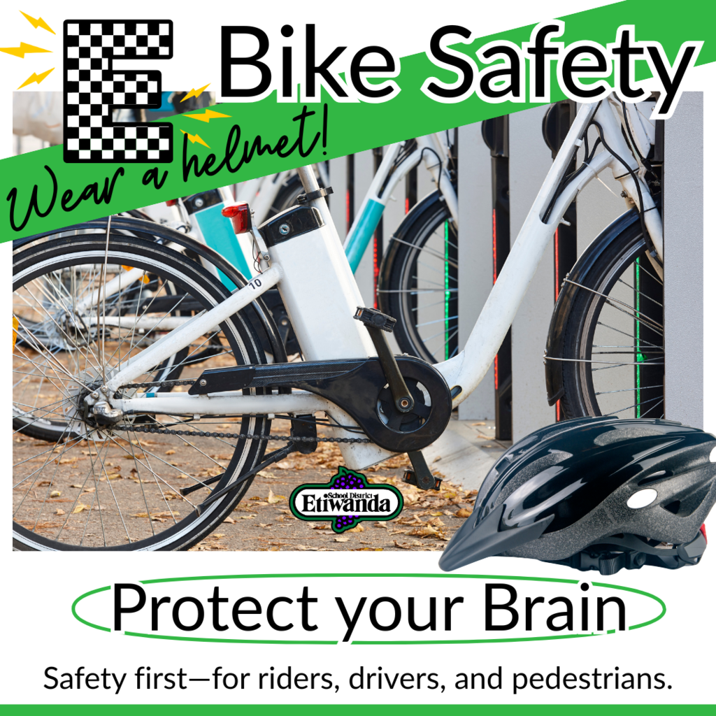 Text: E Bike Safety, Rules for the Road, Alwawys wear a helmet, follow all traffic laws and signals, stay alert around cars, busses and crosswalks, walk their bike or scooter on campus