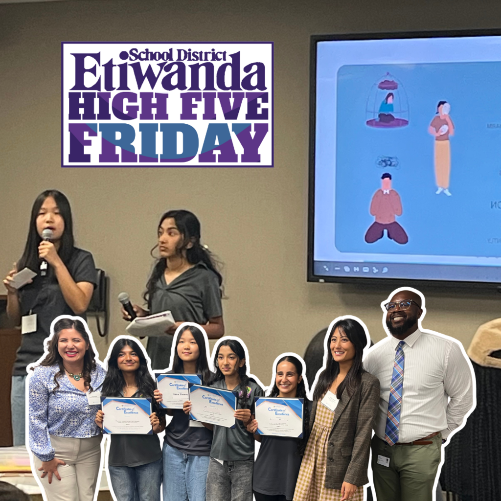 Text: high five Friday Images: students standing and smiling holding certificates