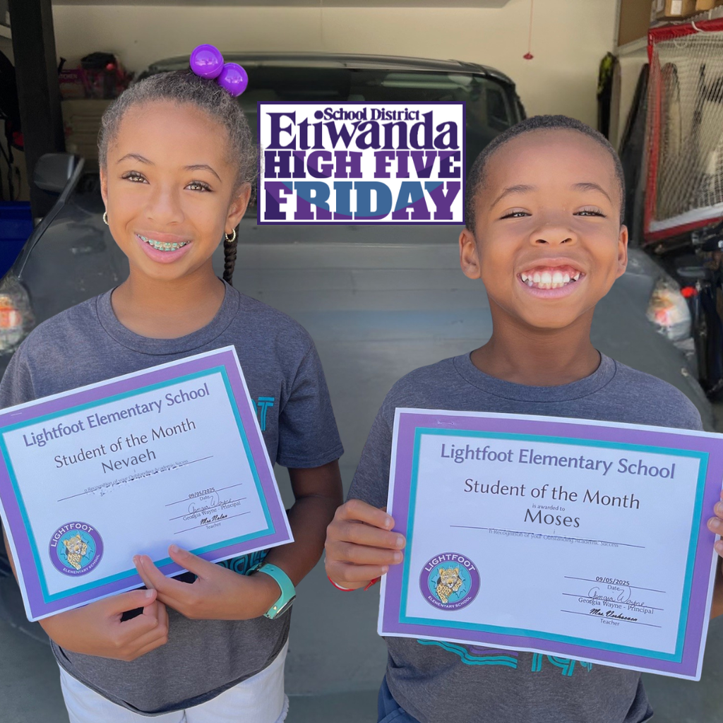 Text: High Five Friday Image: two students holding awards