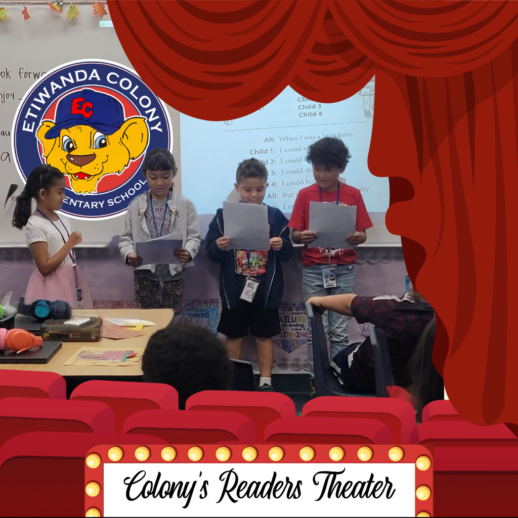 Text: Colony's Readers Theater, Colony Logo, Image: students reading