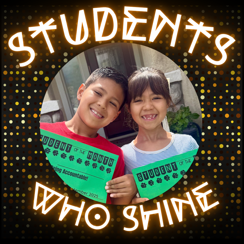 Text: Students who shine Image: two smiling students holding a green paper.