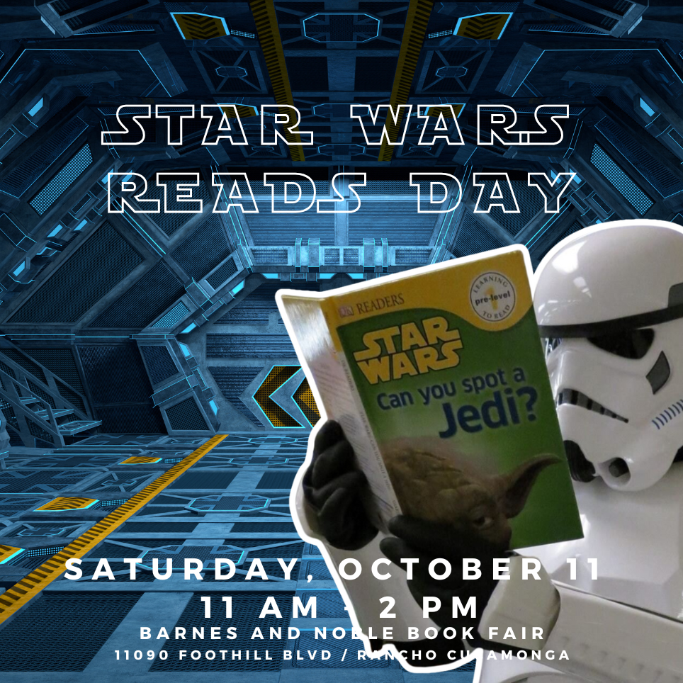 Text: star Wars reads day, Saturday, October 11 Image: Jedi reading a book