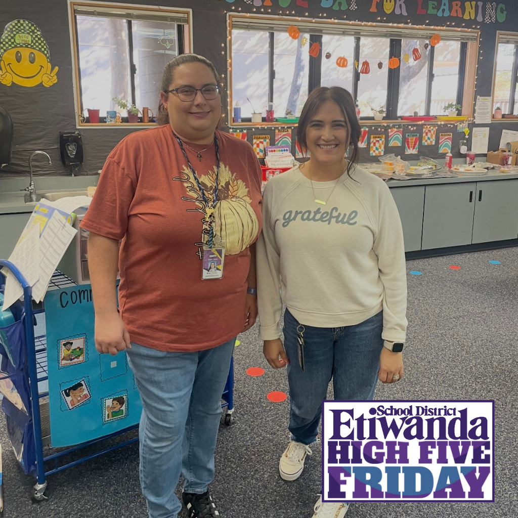 Text: Etiwanda school district, high five friday Image: two smiling women