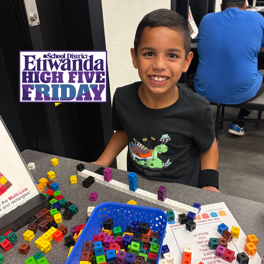 Text: Etiwanda School District, High Five Friday Image: student playing with legos