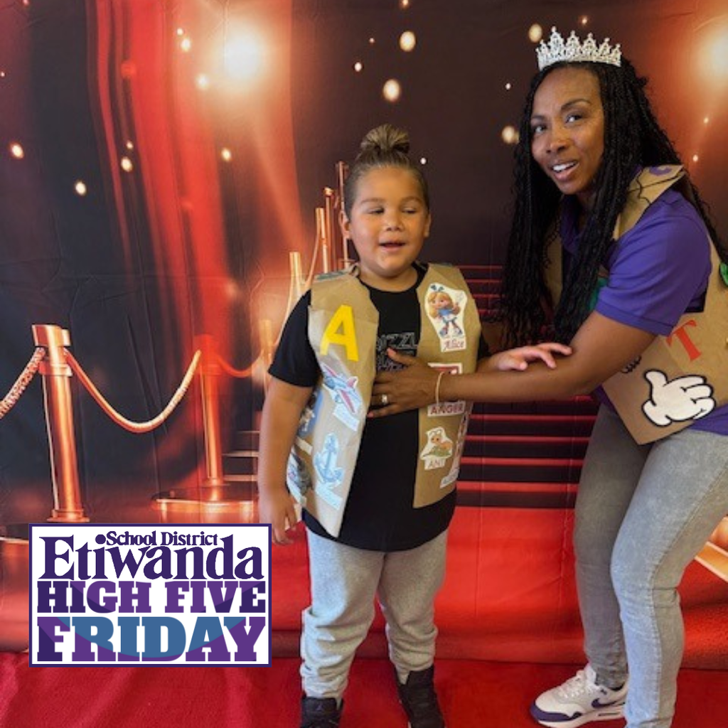 Text: High Five Friday Image: student and teacher on the red carpet