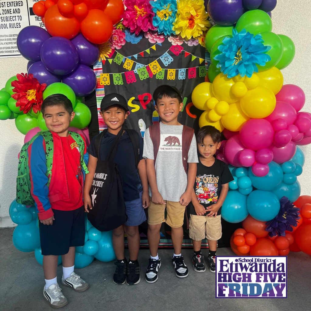 Text: Etiwanda High Five Friday, Image: four boys smiling in front of balloons