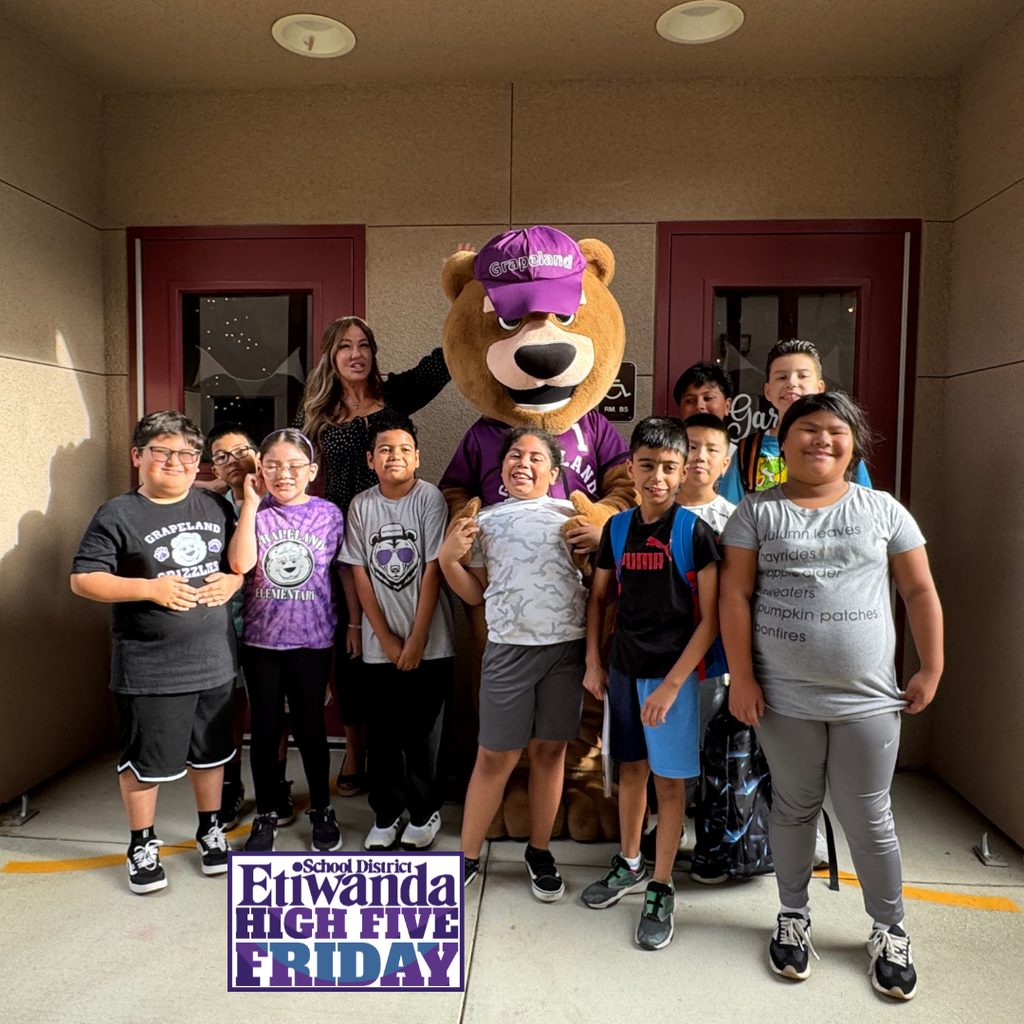 Text: High Five Friday, Image: smiling students iwth a bear and adult