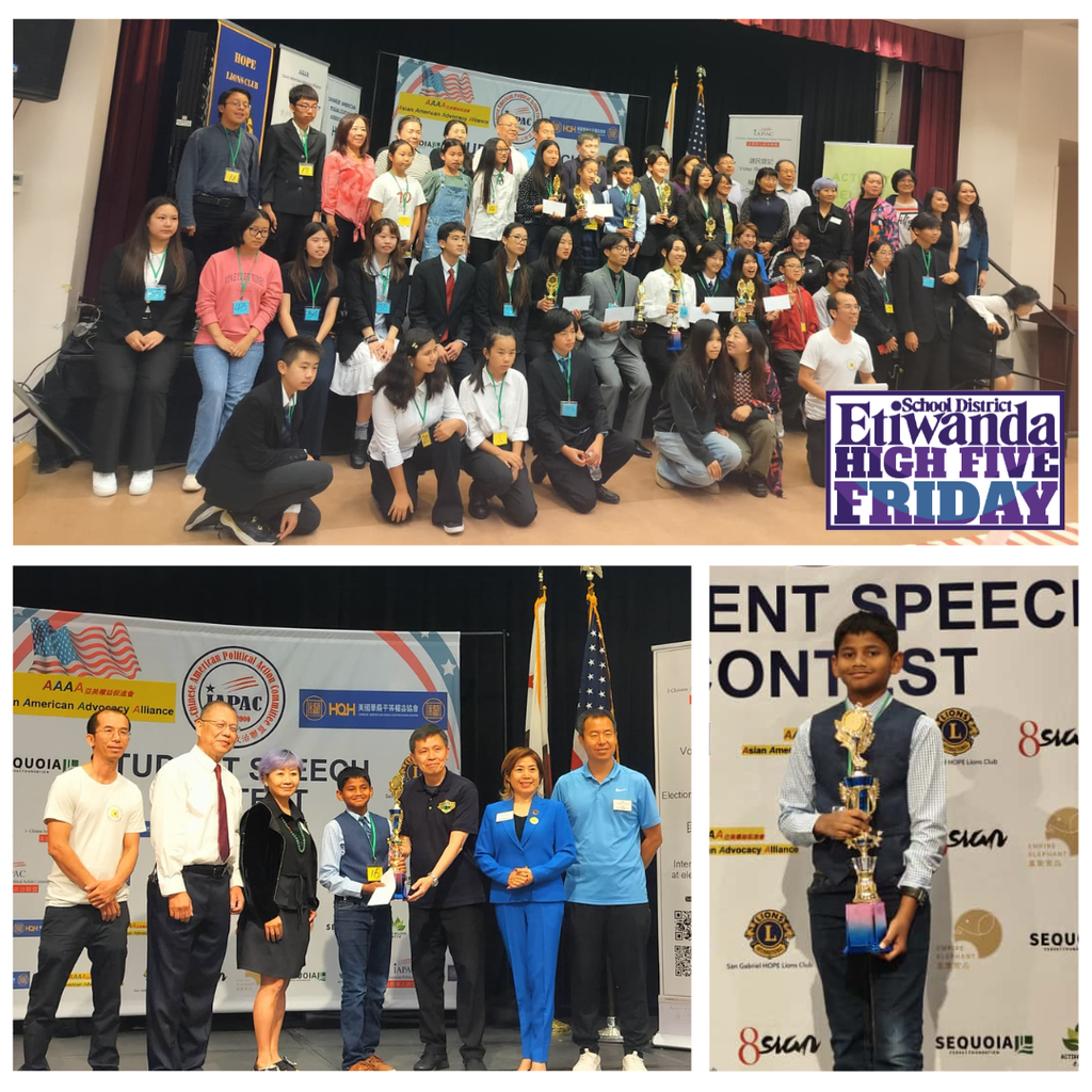 Text: High Five Friday Image: a lot of students smiling on stage. 