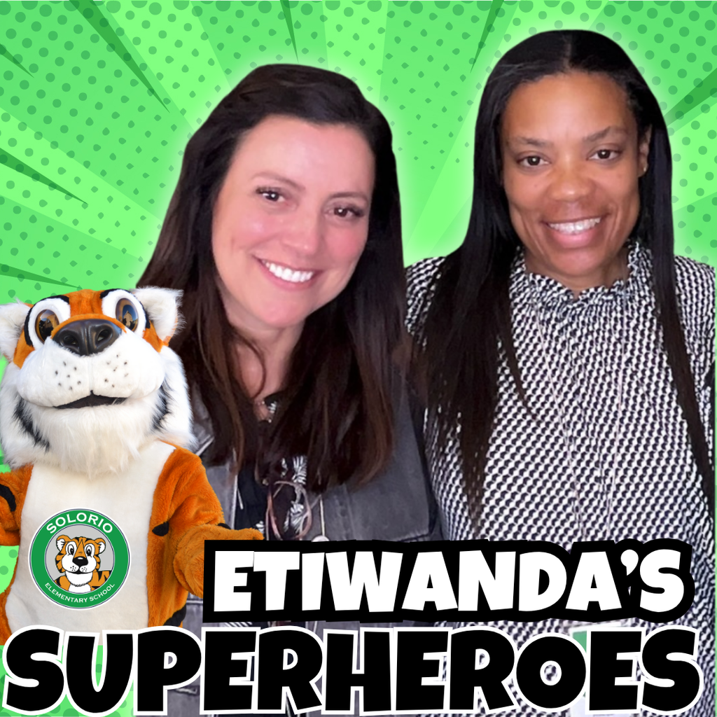 Text: Etiwanda's Superheroes, Caryn Elementary - Image of two adults smiling and a mascot