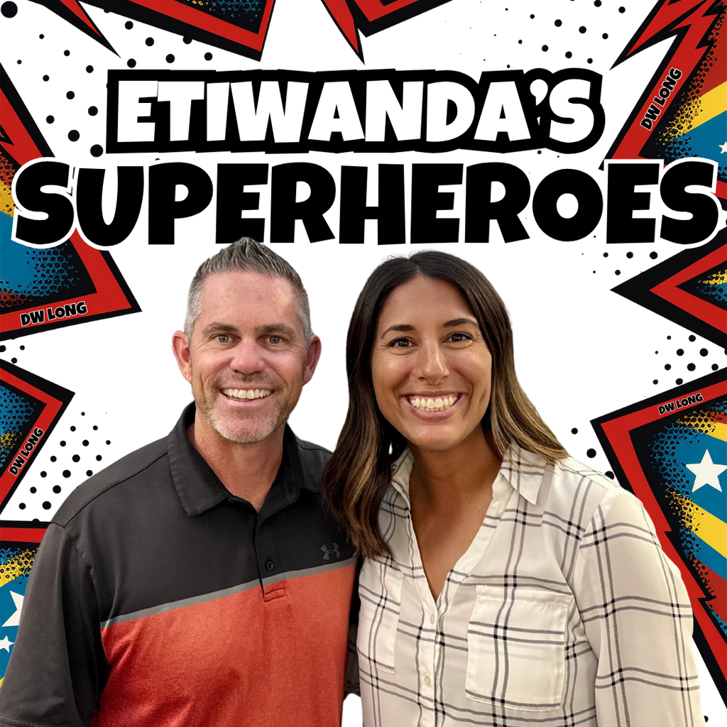 Text: Etiwanda's Superheroes, Caryn Elementary  - Image of two adults smiling 