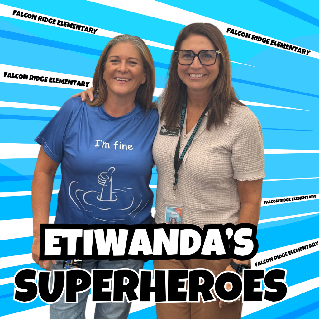Text: Etiwanda's Superheroes, Caryn Elementary  - Image of two adults smiling 