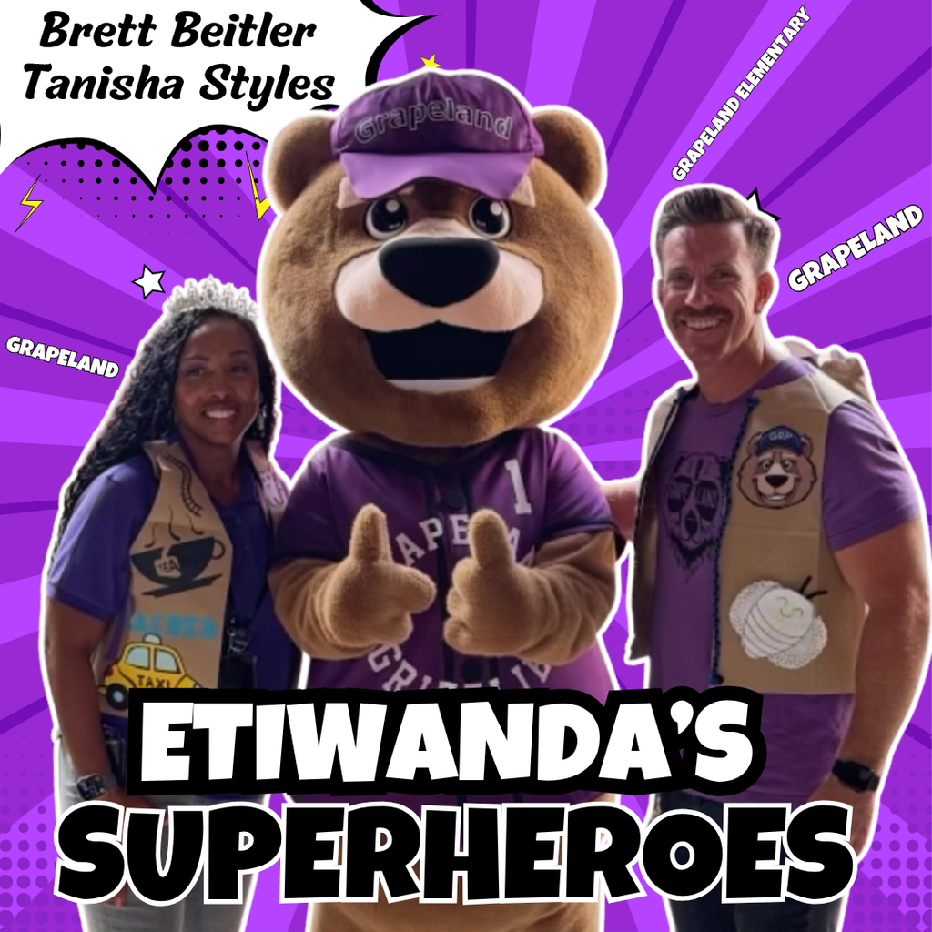 Text: Etiwanda's Superheroes Image: Smiling adults with a mascot