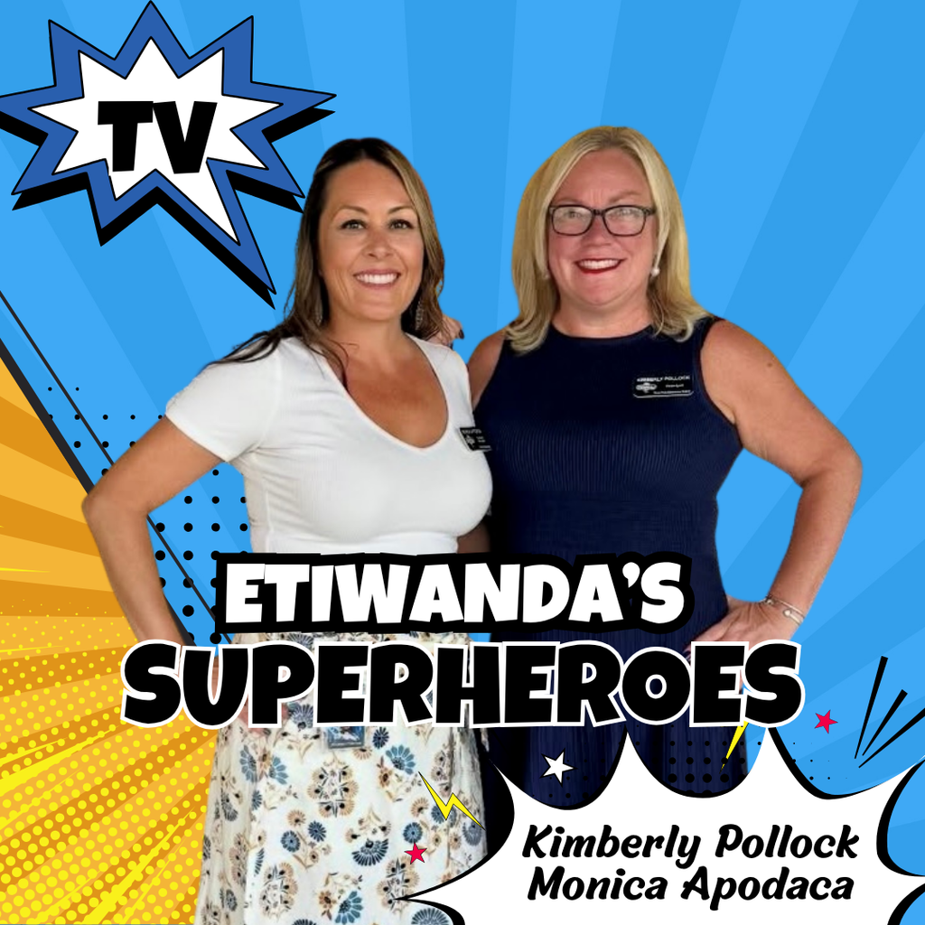 Text: Etiwanda's Superheroes, Caryn Elementary  - Image of two adults smiling 