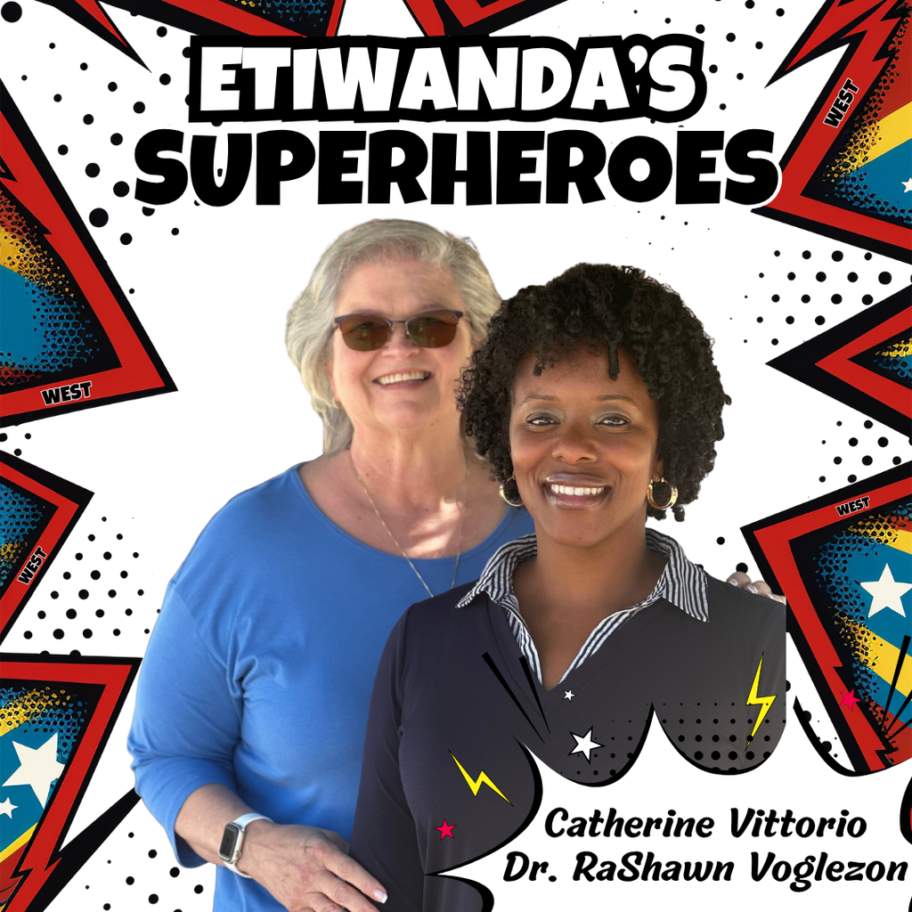 Text: Etiwanda's Superheroes, Caryn Elementary  - Image of two adults smiling 