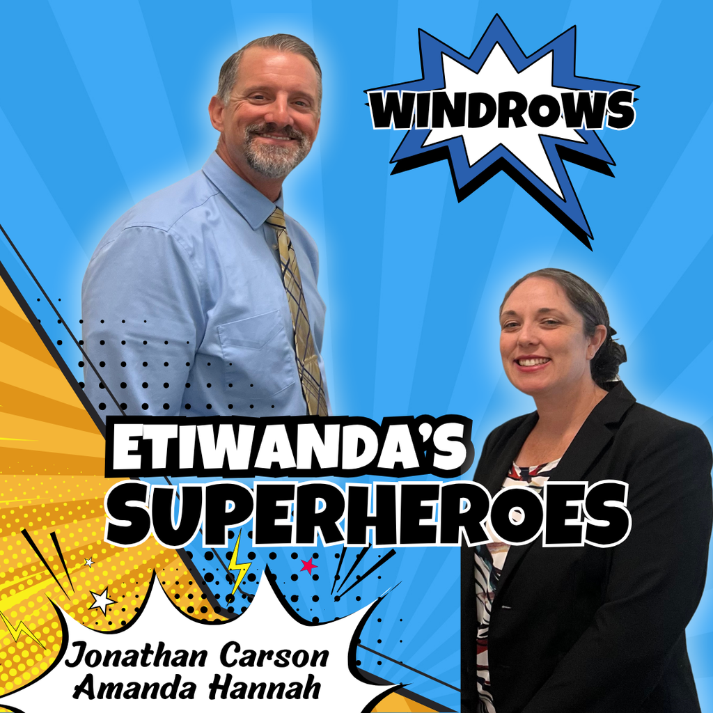 Text: Etiwanda's Superheroes, Caryn Elementary  - Image of two adults smiling 