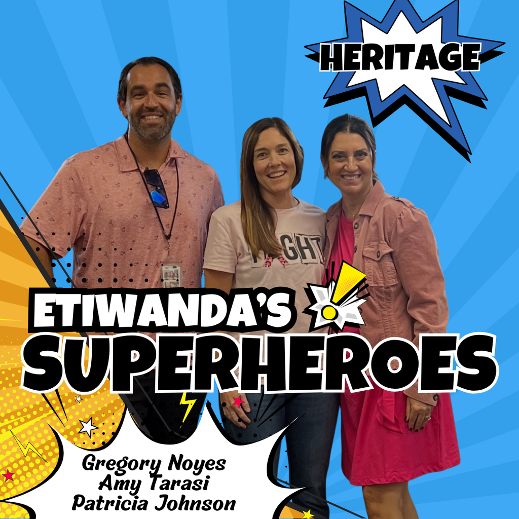Text: Etiwanda's Superheroes, Caryn Elementary  - Image of three adults smiling 