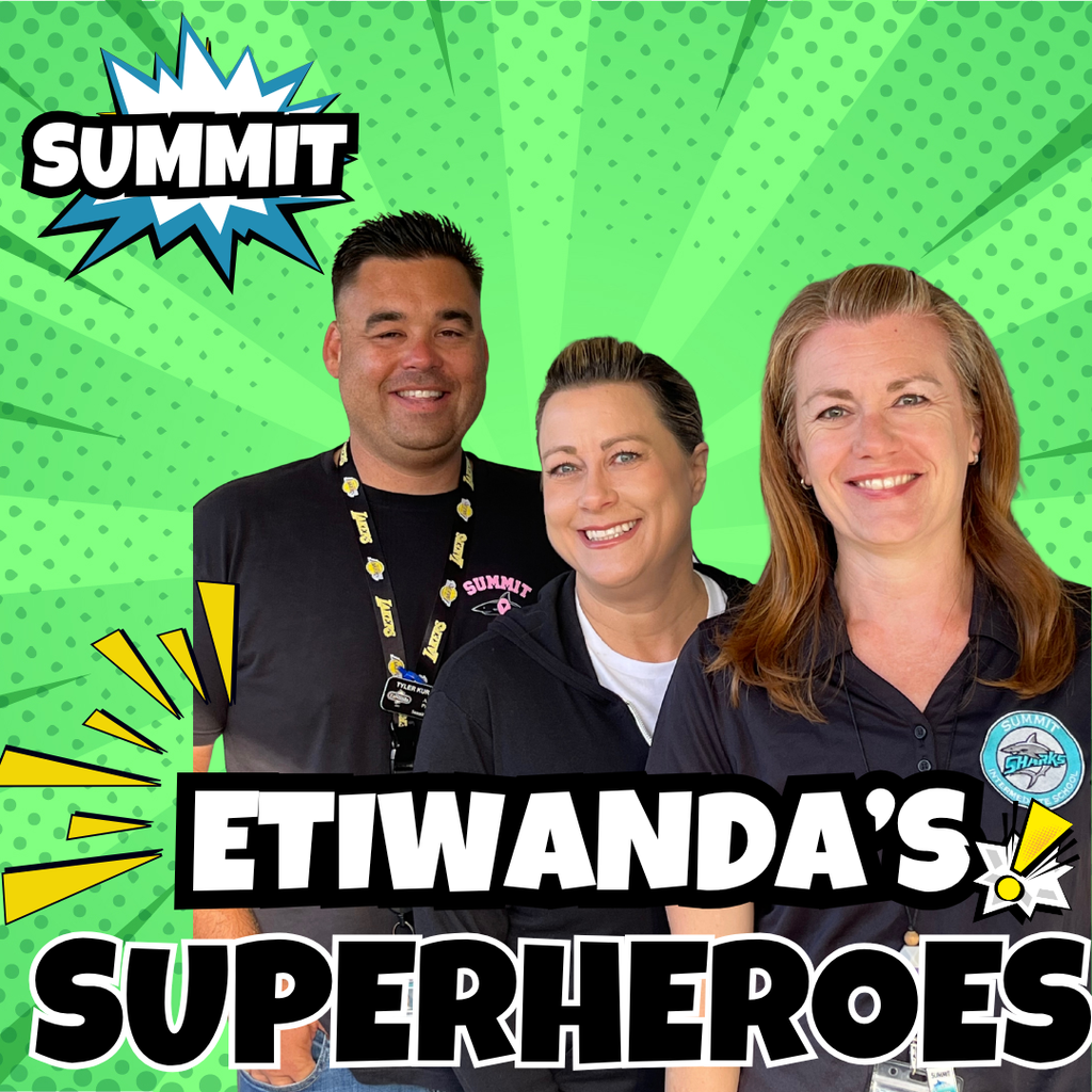 Text: Etiwanda's Superheroes, Caryn Elementary - Image of three adults smiling