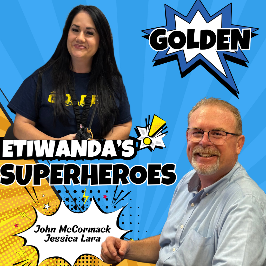 Text: Etiwanda's Superheroes, Caryn Elementary  - Image of two adults smiling 