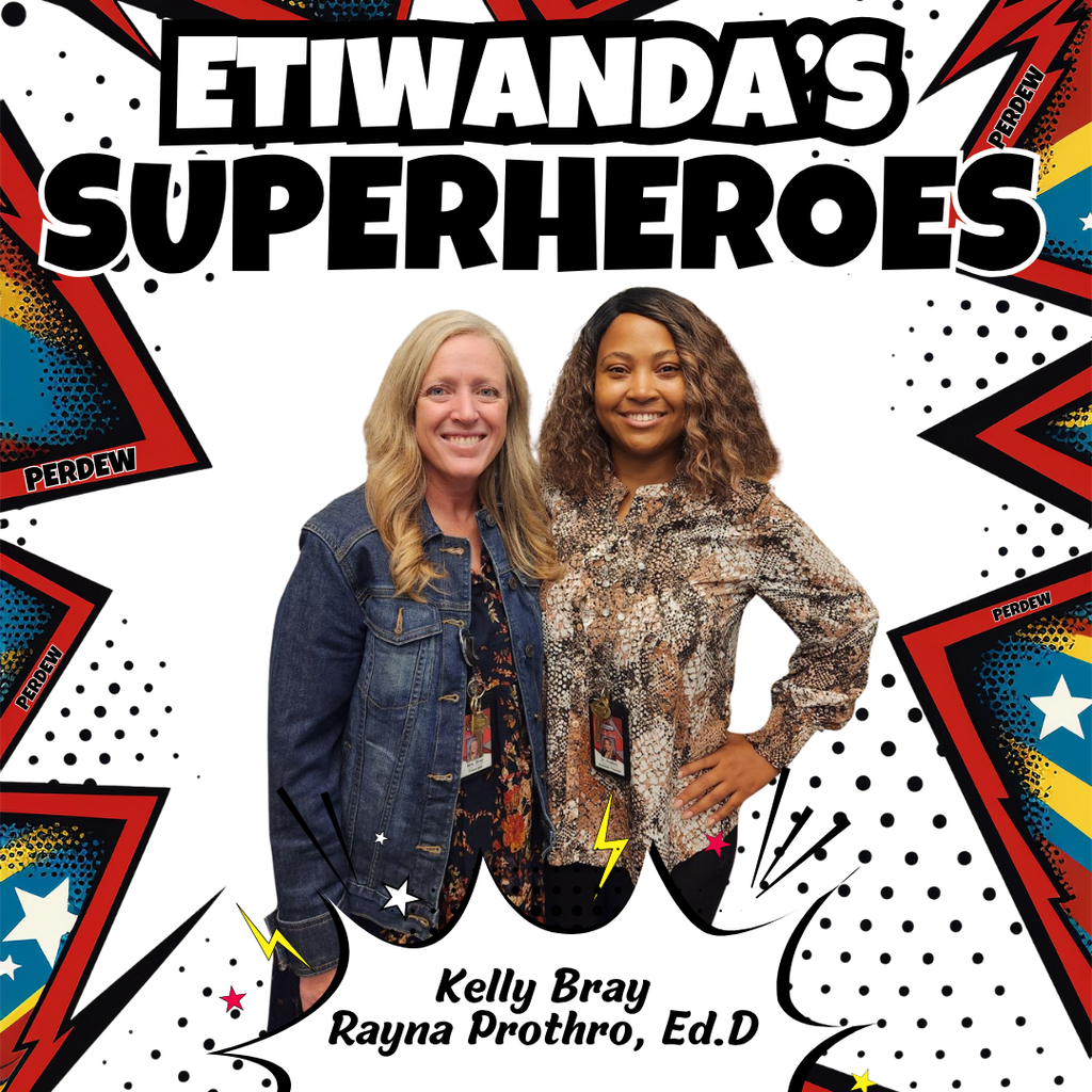 Text: Etiwanda's Superheroes, Caryn Elementary - Image of two adults smiling