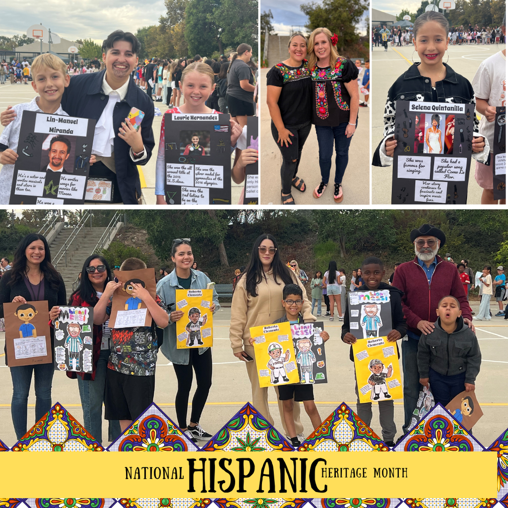 Text: Hispanic Heritage Month, Images of students holding up signs