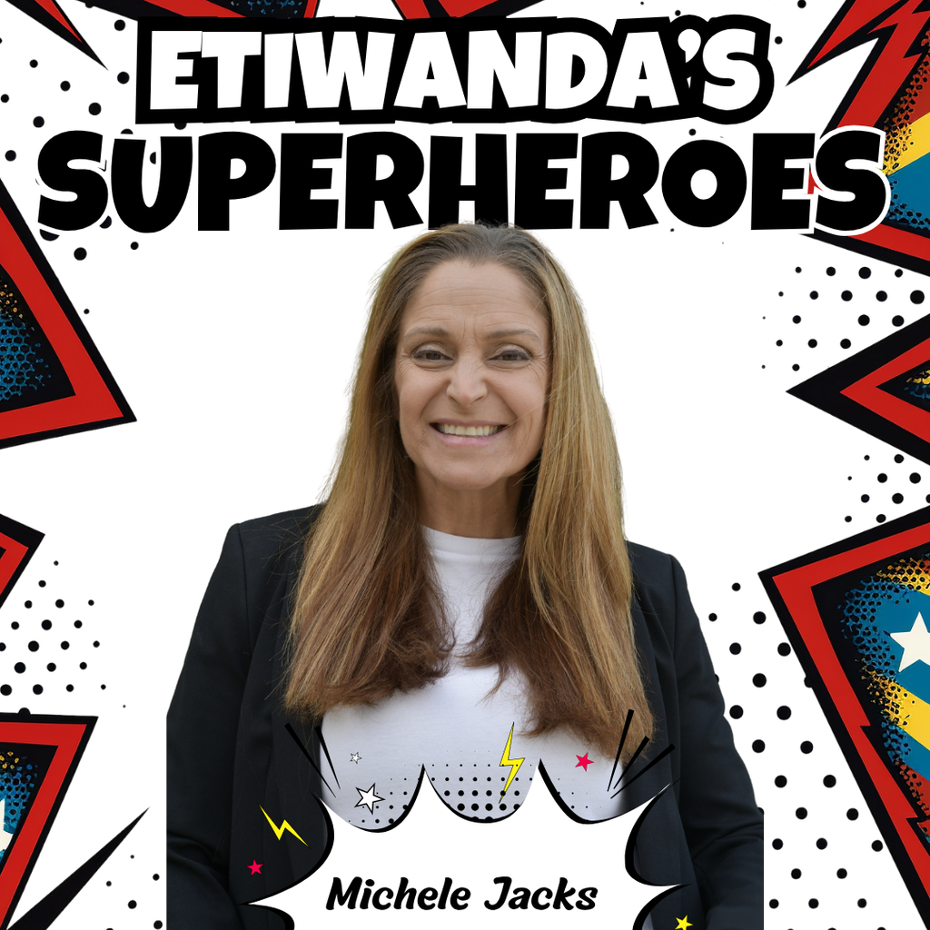 Text: Etiwanda's Superheroes, Caryn Elementary  - Image of one  adult smiling 