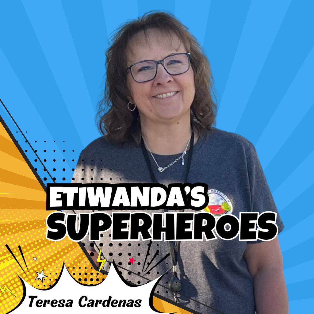 Text: Etiwanda's Superheroes, Caryn Elementary  - Image of one  adult smiling 