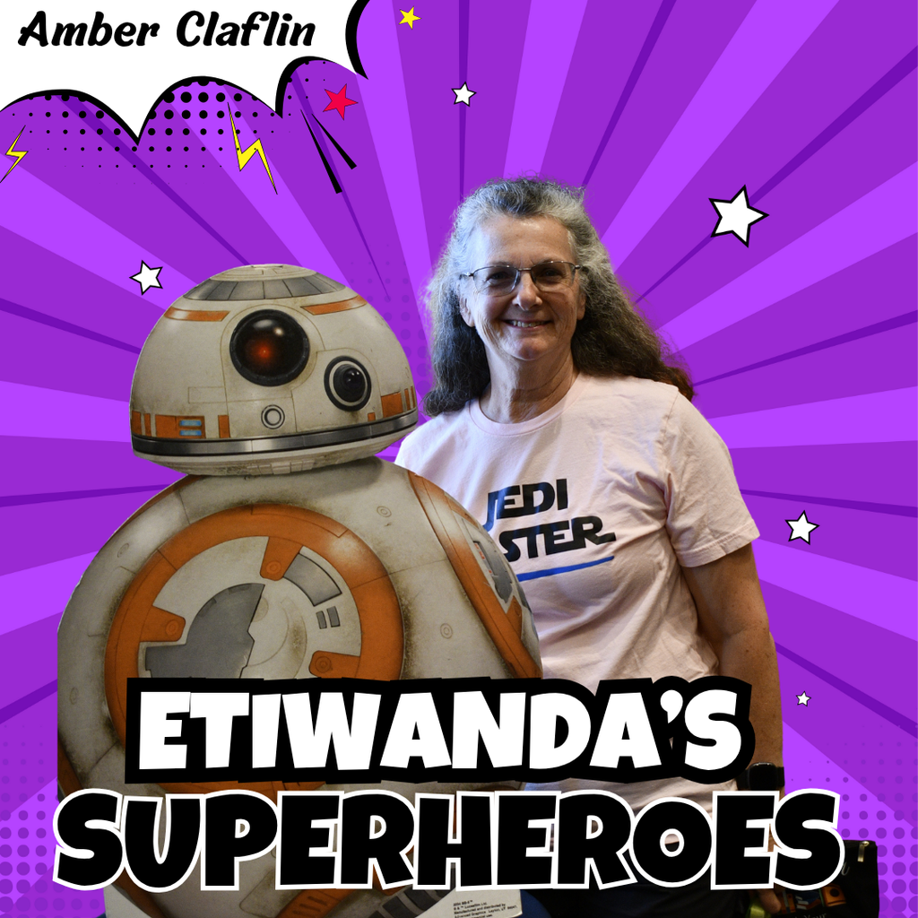 Text: Etiwanda's Superheroes, Caryn Elementary  - Image of one  adult smiling 