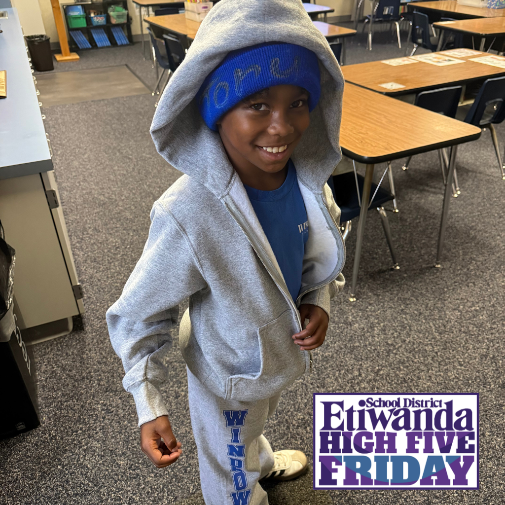 Text: Etiwanda School District, High Five Friday Image: Smiling student wearing blue
