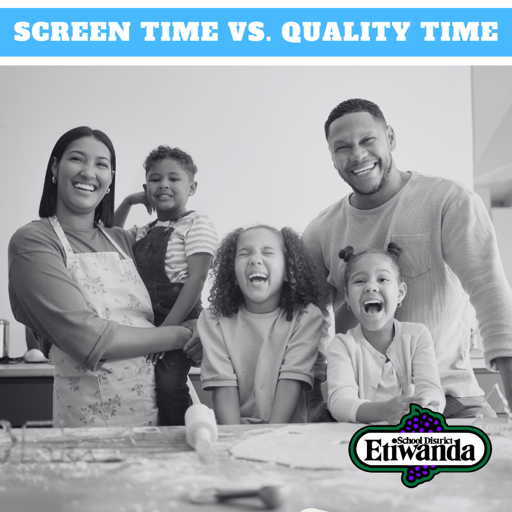 Text: Screen Time vs. Quality Time Image of family cooking