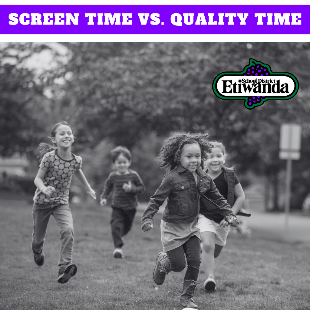 Text: Screen Time vs. Quality Time Image: kids running