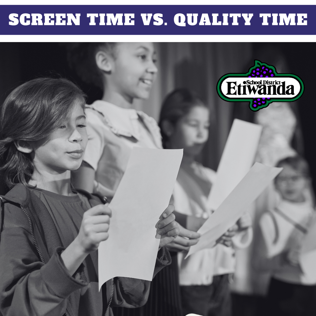 Text: Screen Time vs. Quality Time Image: students on stage