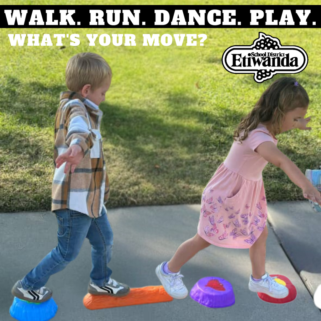 Text: Walk.Run.Dance.Play. -What's your move? Image: students playing