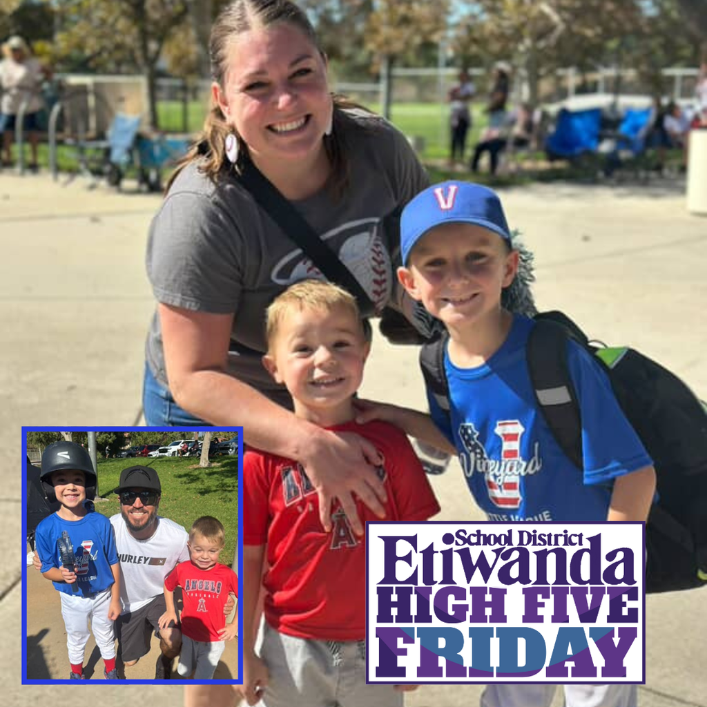 Text: Etiwanda School District, High Five Friday Images: two adults and two students wearing baseball clothes