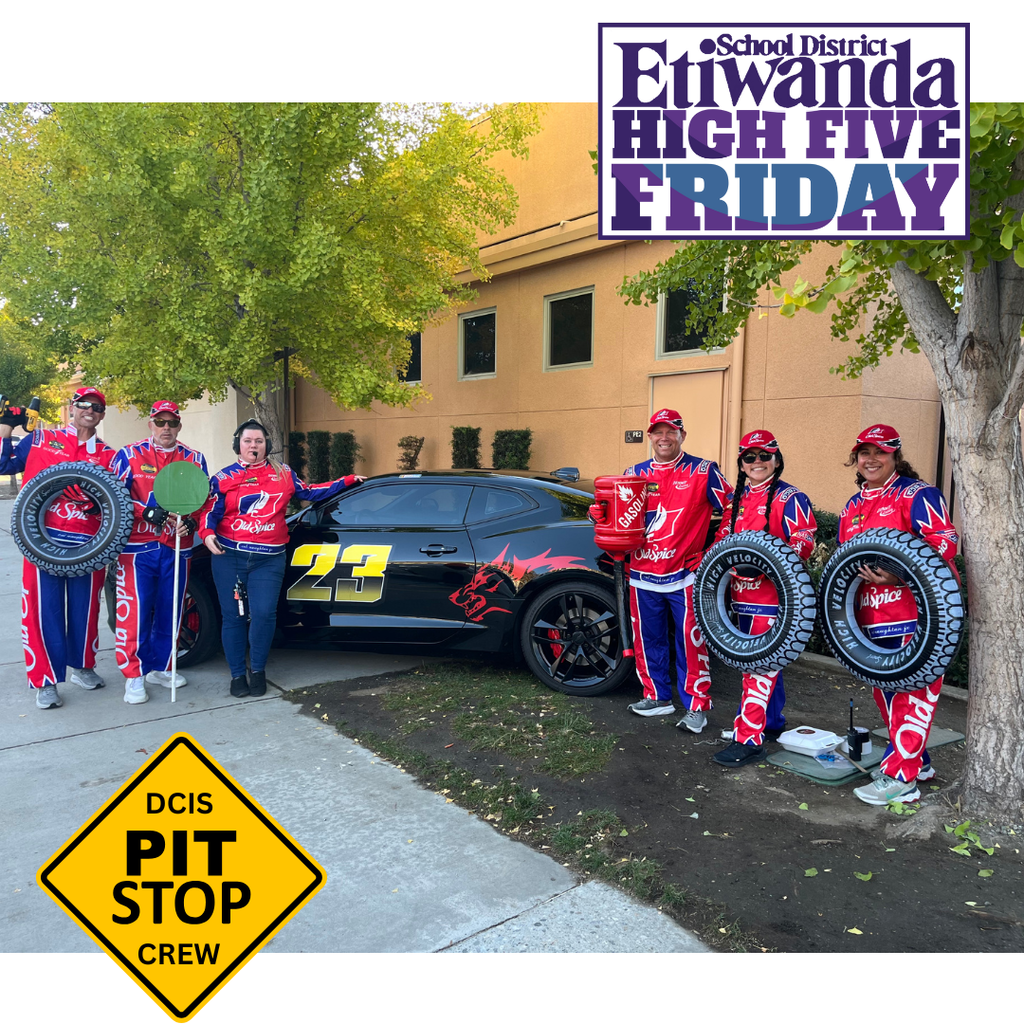 Text: Etiwanda School District, DCIS Pit Stop Crew Image of racers