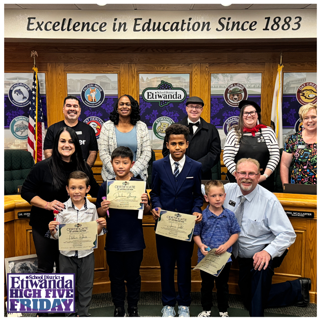 Text: Etiwanda School District High Five Friday, Adults dressed up and students holding awards