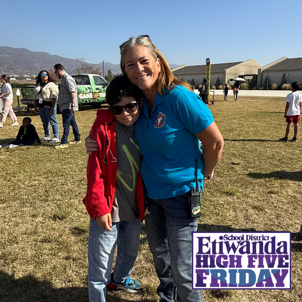 Text: Etiwanda School District, High Five Friday Image: woman wearing teal and a boy wearing red