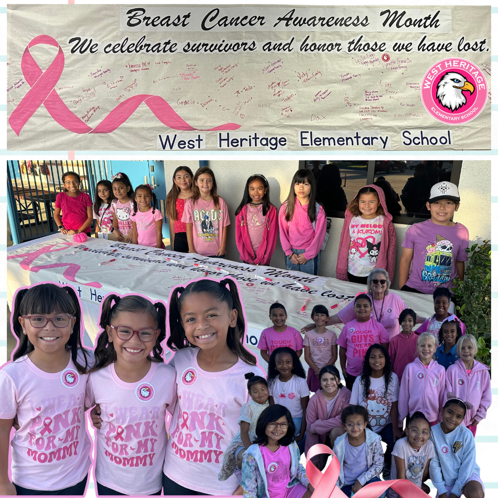 Text: West Heritage logo, breast cancer awareness month Image: a lot of students wearing pink