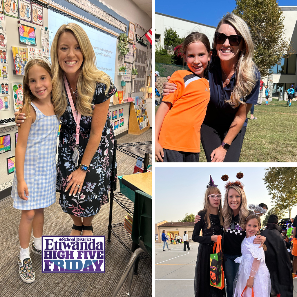 Text: Etiwanda School District High Five Friday Images: A blonde woman smiling with students