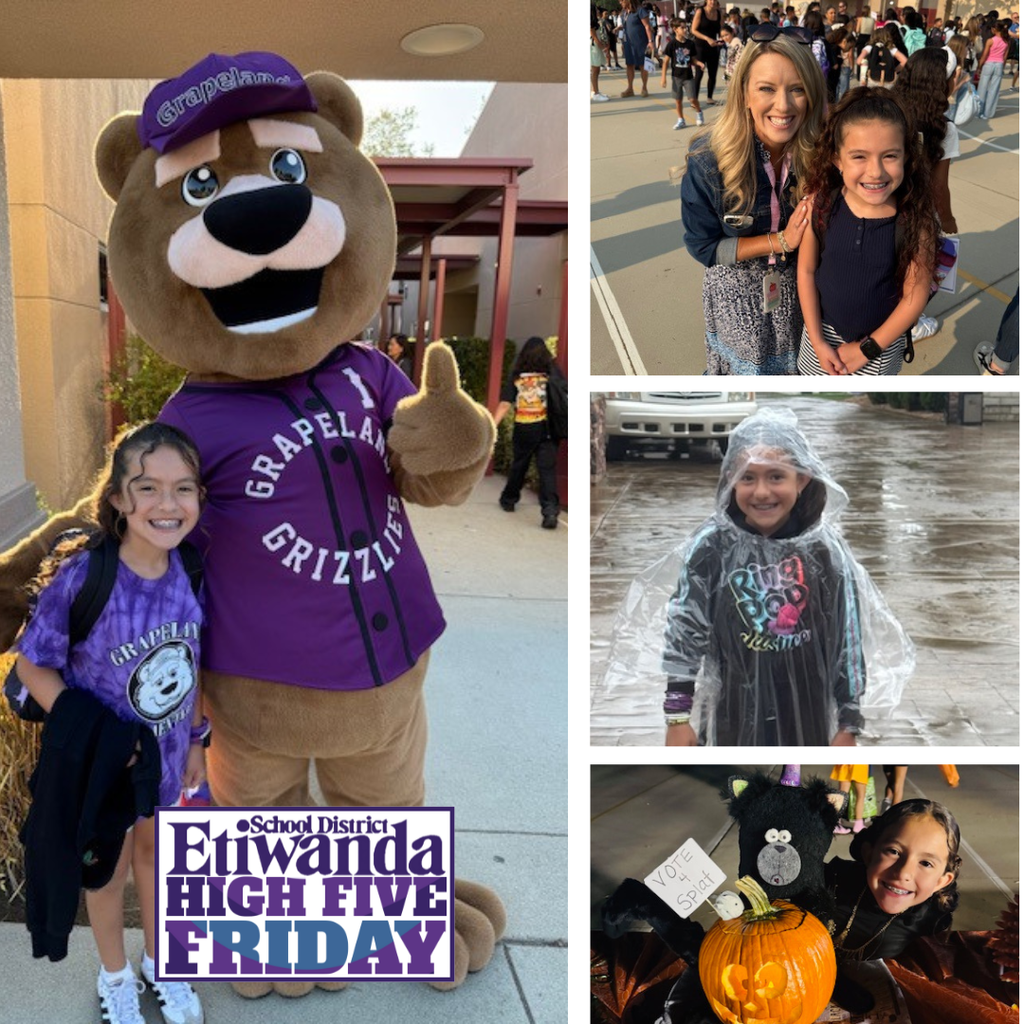 Text: Etiwanda School District High Five Friday Images: girl student smiling  in four photos