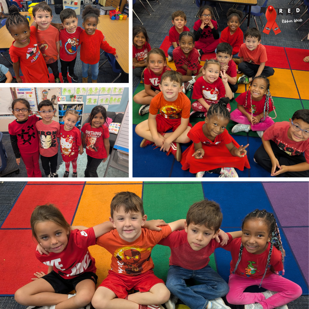 Text: Red Ribbon Week Images: students wearing red and smiling