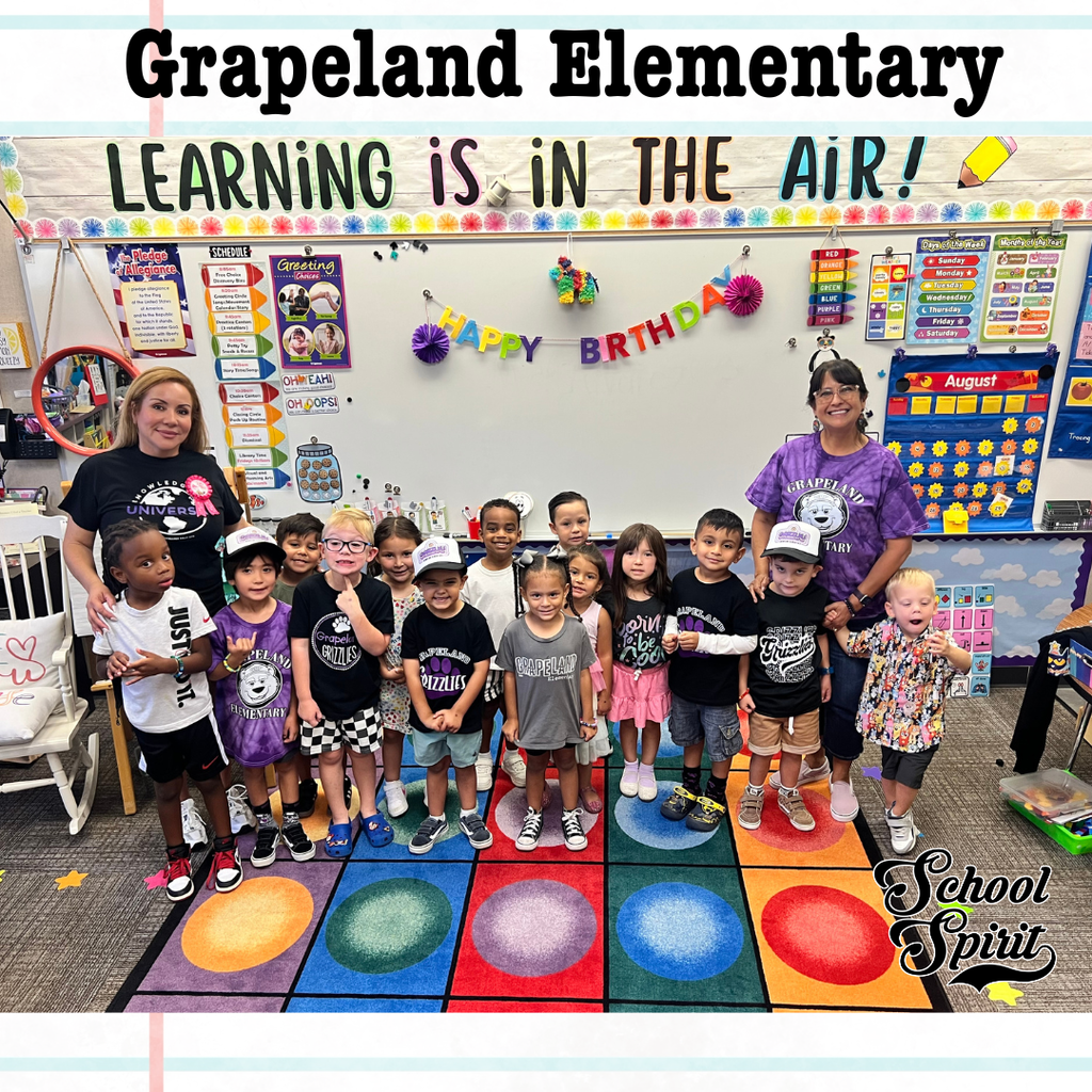 TextL School Spirit Grapeland Elementary Image: two adult teachers and chilldren smiling