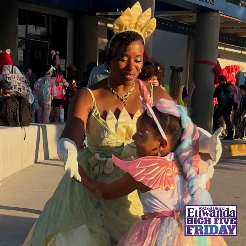 Text: High Five Friday Image: adult and student dancing