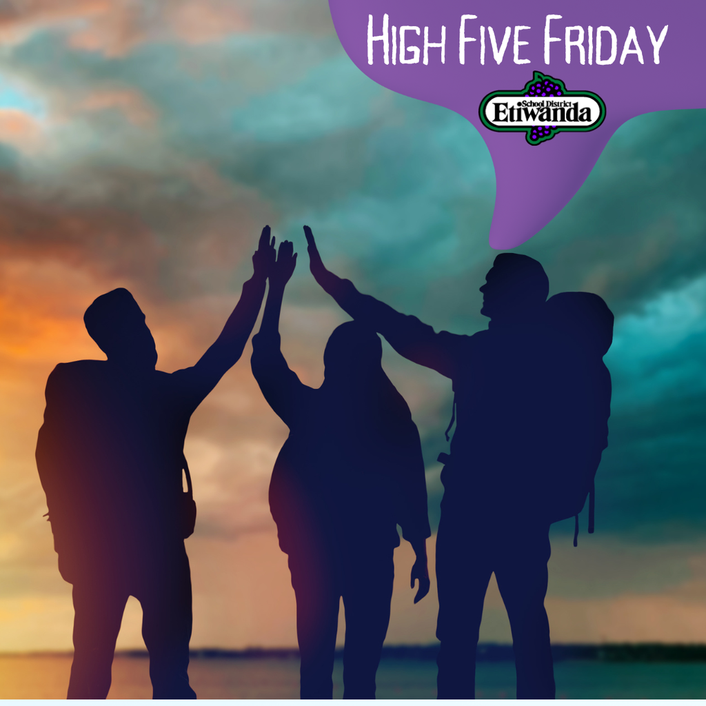 Text: high Five Friday Image: three adults giving high fives
