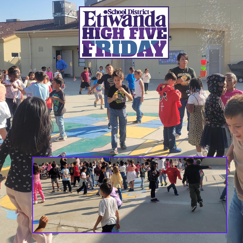 Text: Etiwanda School District: Image: students with bubbles